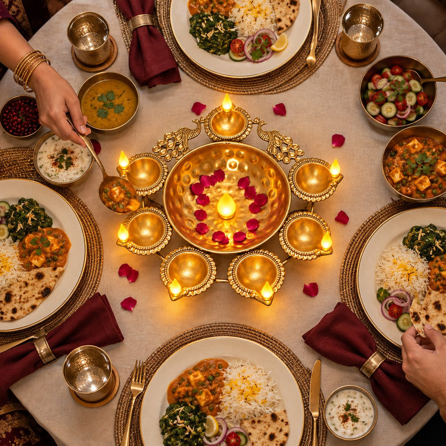 Jashn Peacock centerpiece, lifestyle overhead dinner