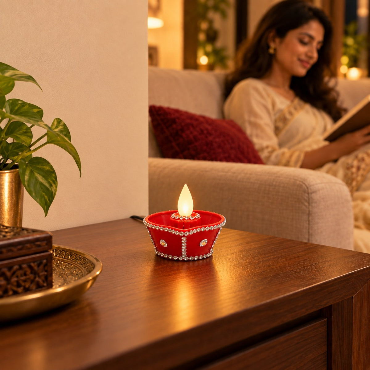 Wired Moving Flame diya, lifestyle living room