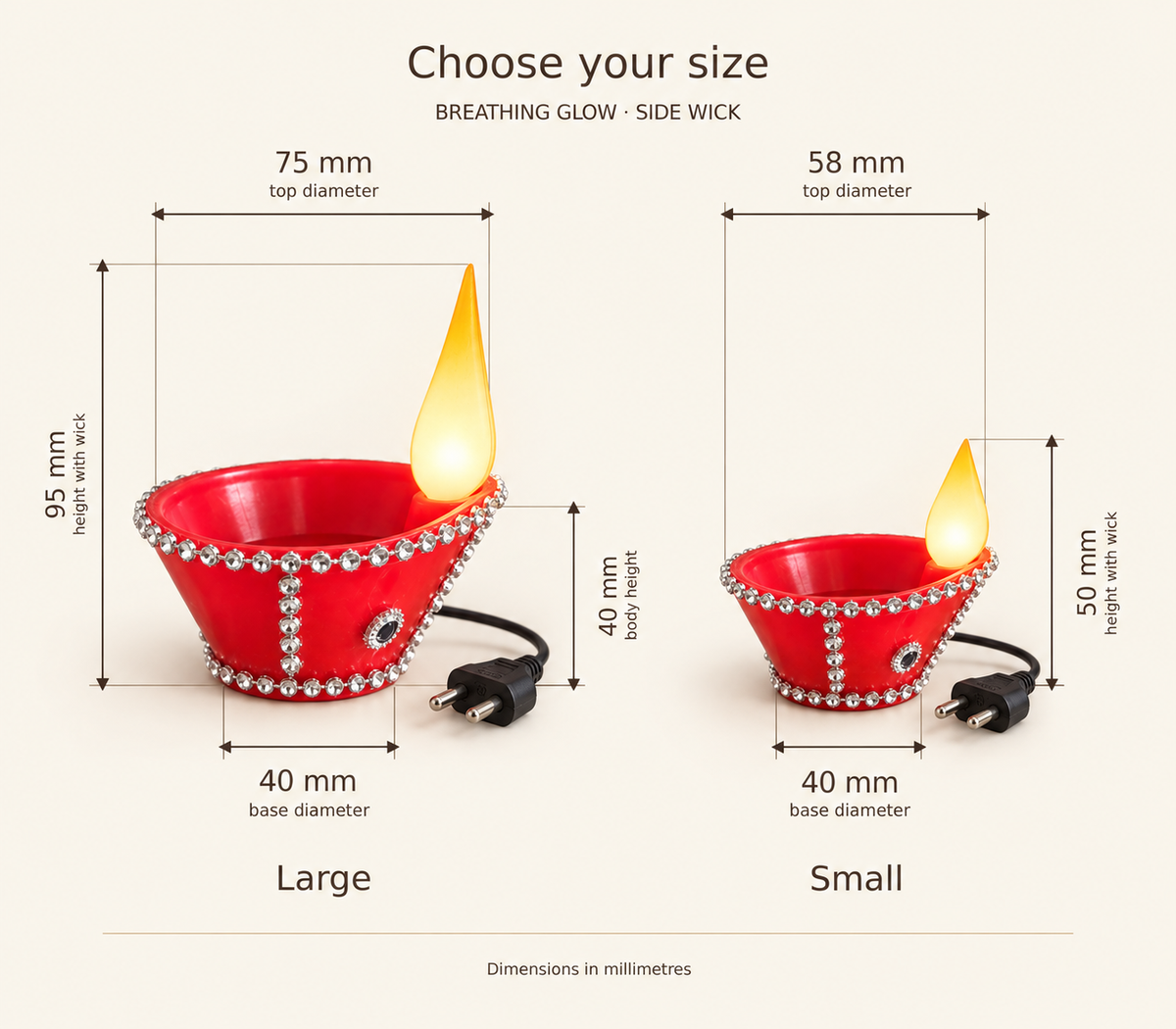 Wired Breathing Flame diya, size drawing