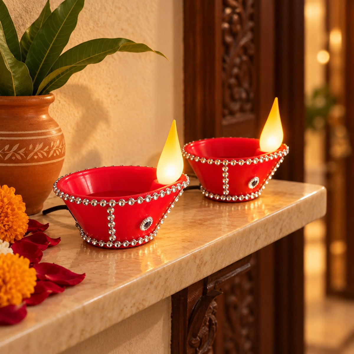 Wired Breathing Flame diya, lifestyle marigold pair